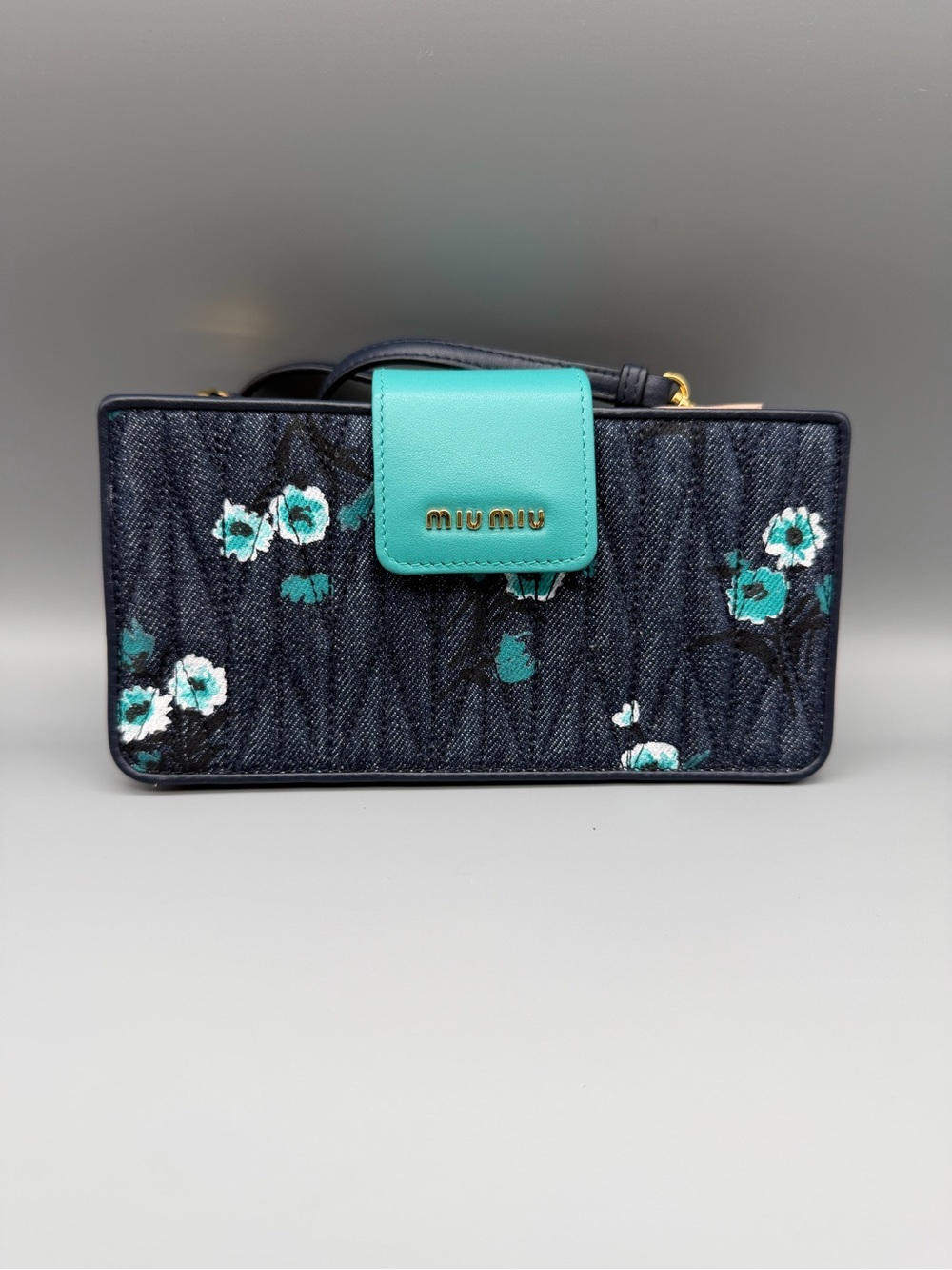 Miu Miu Teal-Accented Floral Denim Clutch Wallet on Chain